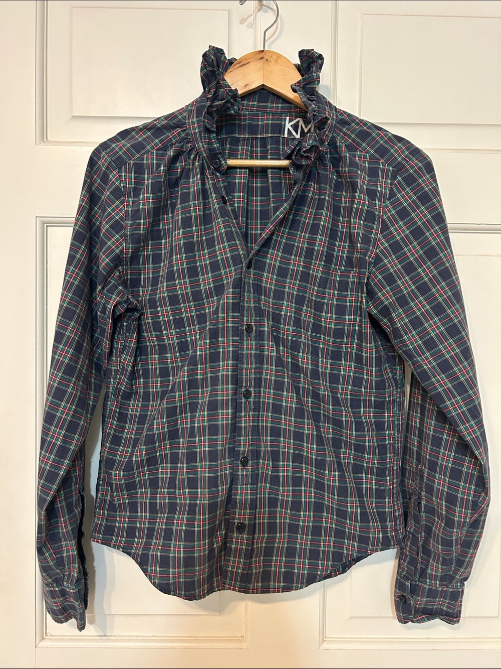 KMJ Kate McHale Jensen Ruffle Collar Plaid Button Down Shirt size small